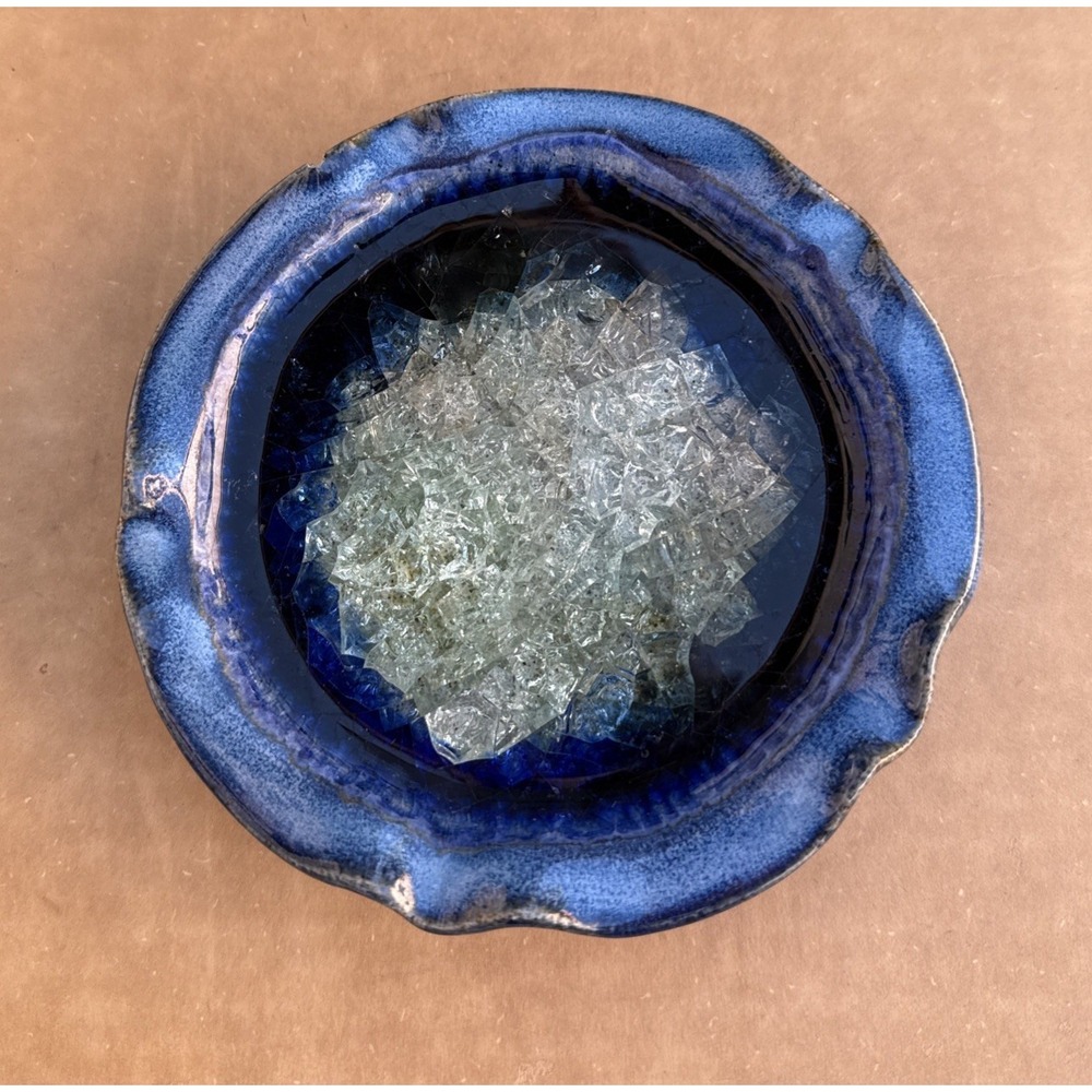 Fushed Glass Pottery Clay Handmade Trinket Dish Ruffled Ashtray Blue Purple